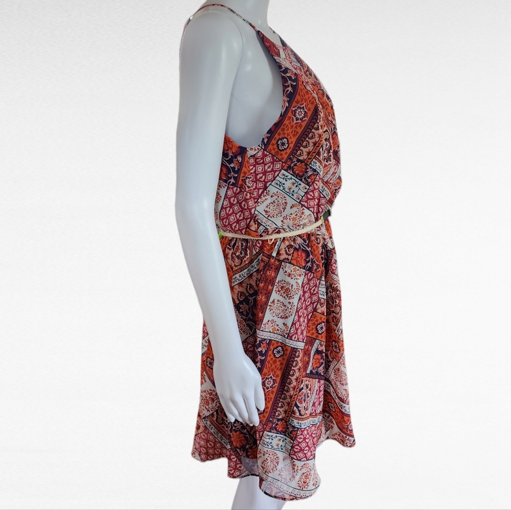 By & By Red Patchwork Pattern Belted Halter Mini … - image 4